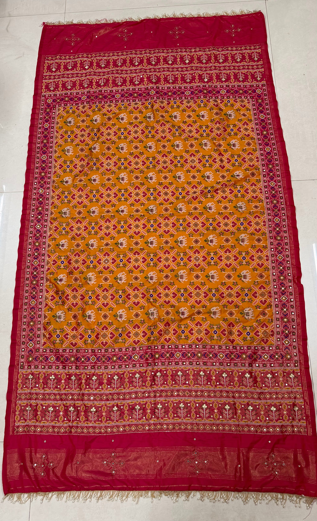 Handwork Woven Patola Dupatta – Mustard & Pink