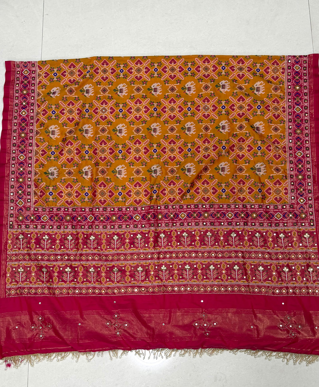 Handwork Woven Patola Dupatta – Mustard & Pink