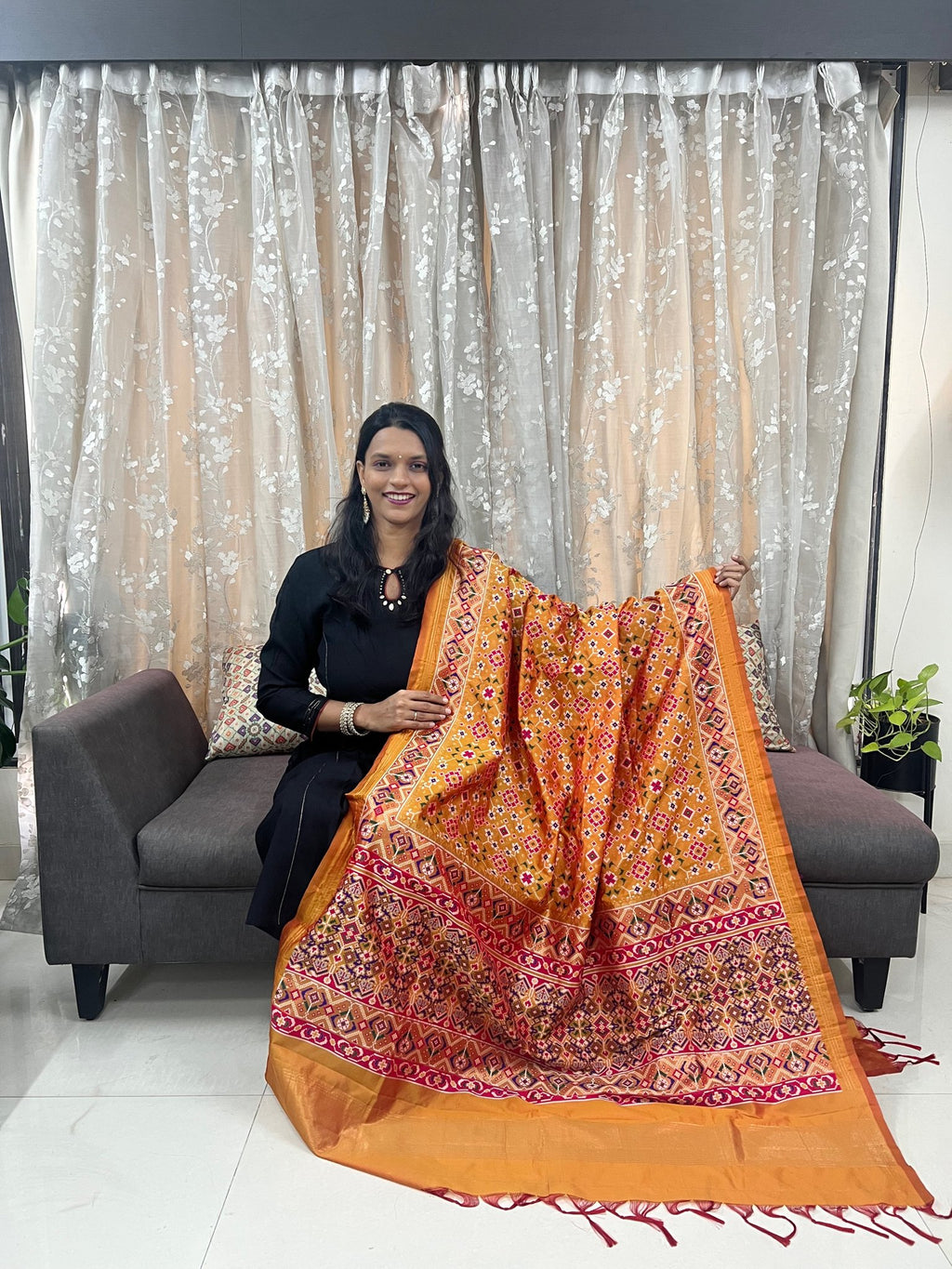 Navratna Meenakari Patola Dupatta in Mango