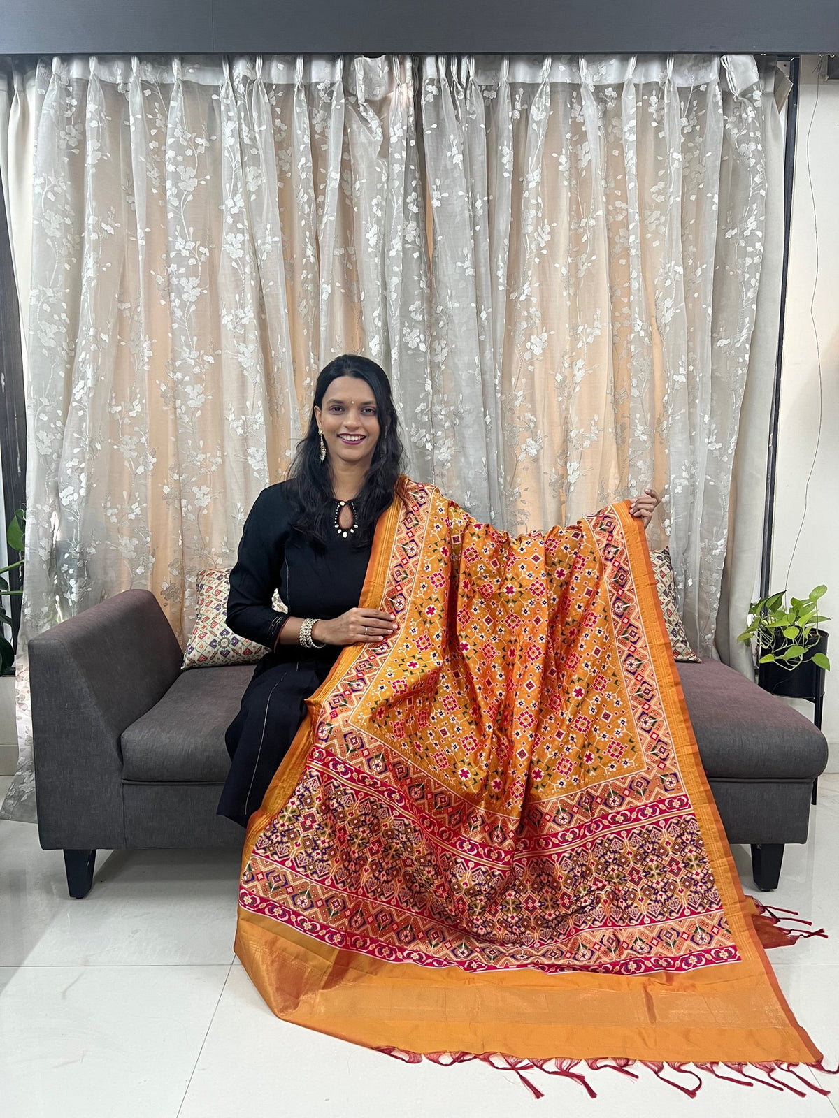 Navratna Meenakari Patola Dupatta in Mango