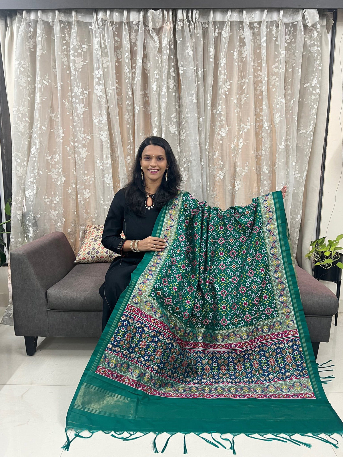 Navratna Meenakari Patola Dupatta in Green