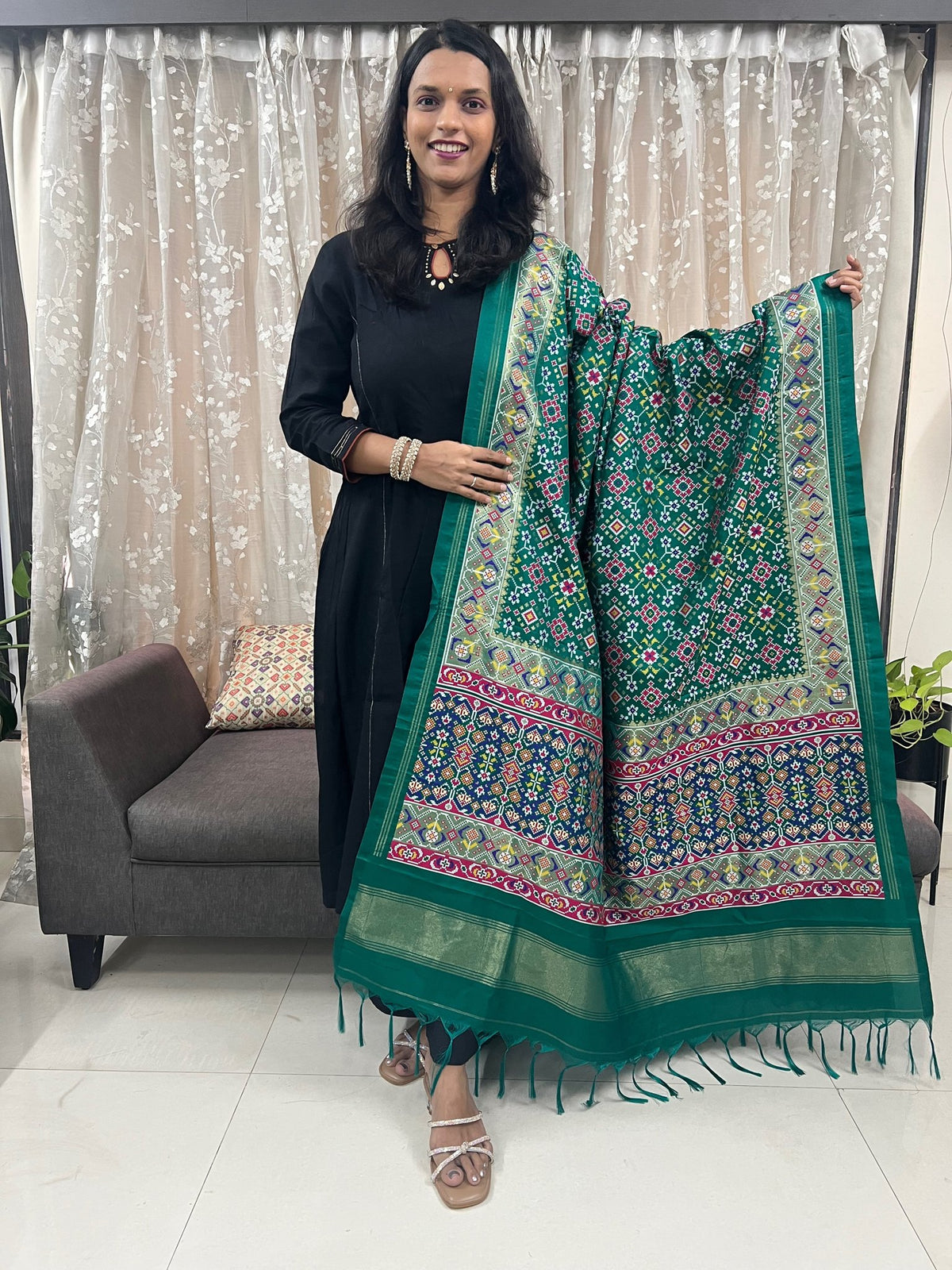 Navratna Meenakari Patola Dupatta in Green