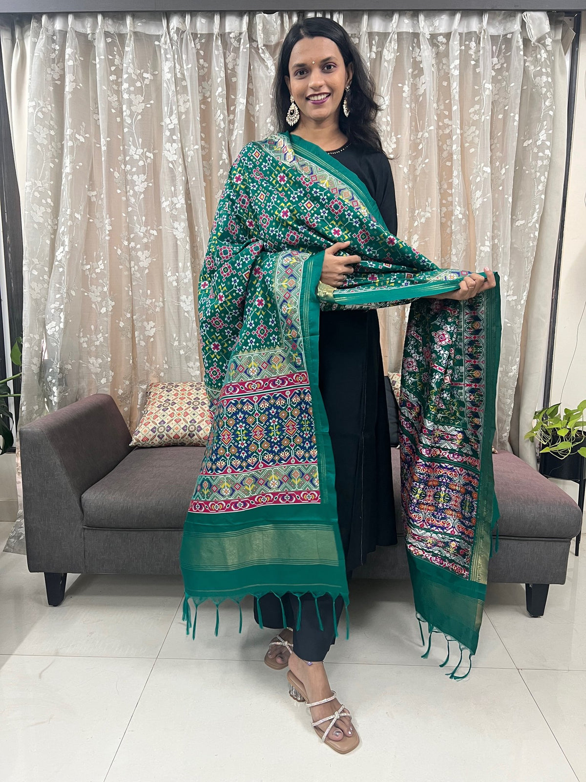 Navratna Meenakari Patola Dupatta in Green