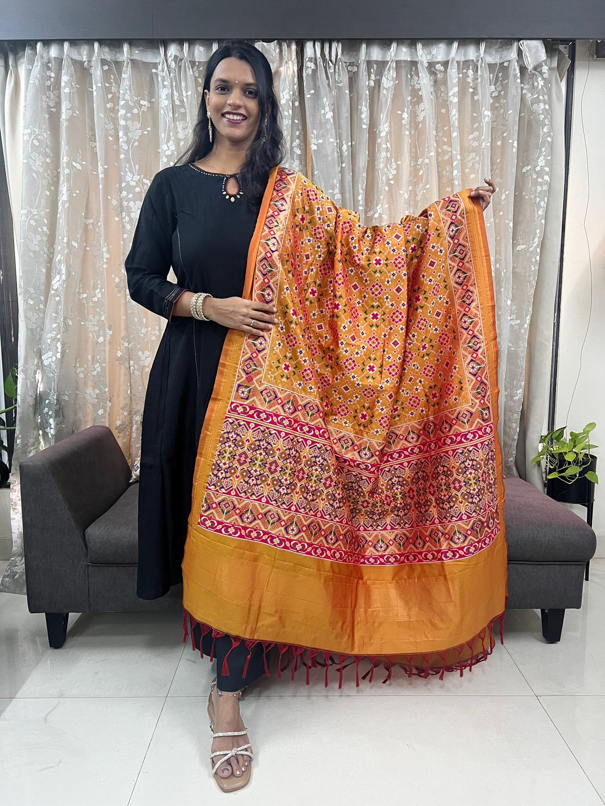 Navratna Meenakari Patola Dupatta in Mango