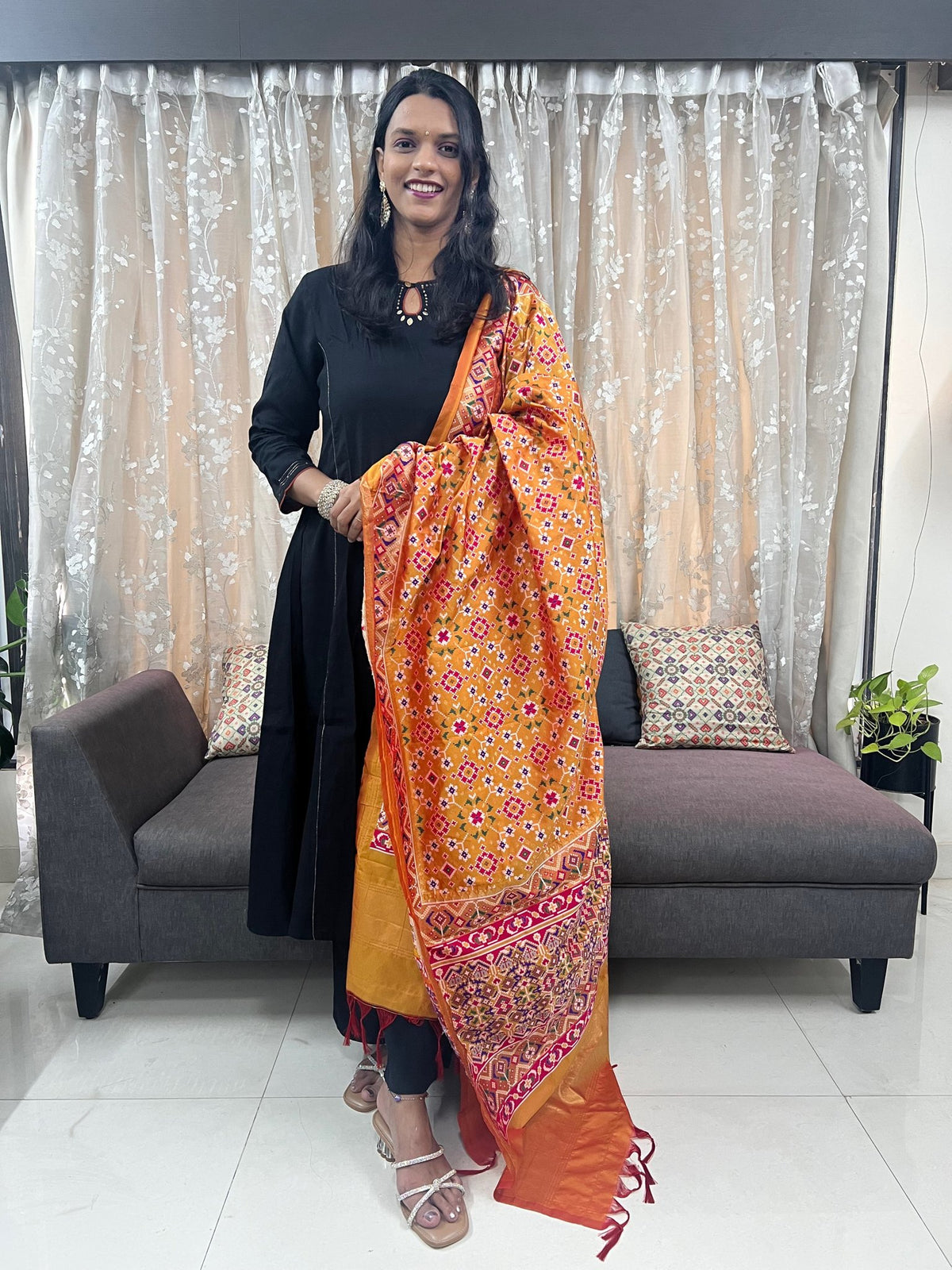 Navratna Meenakari Patola Dupatta in Mango