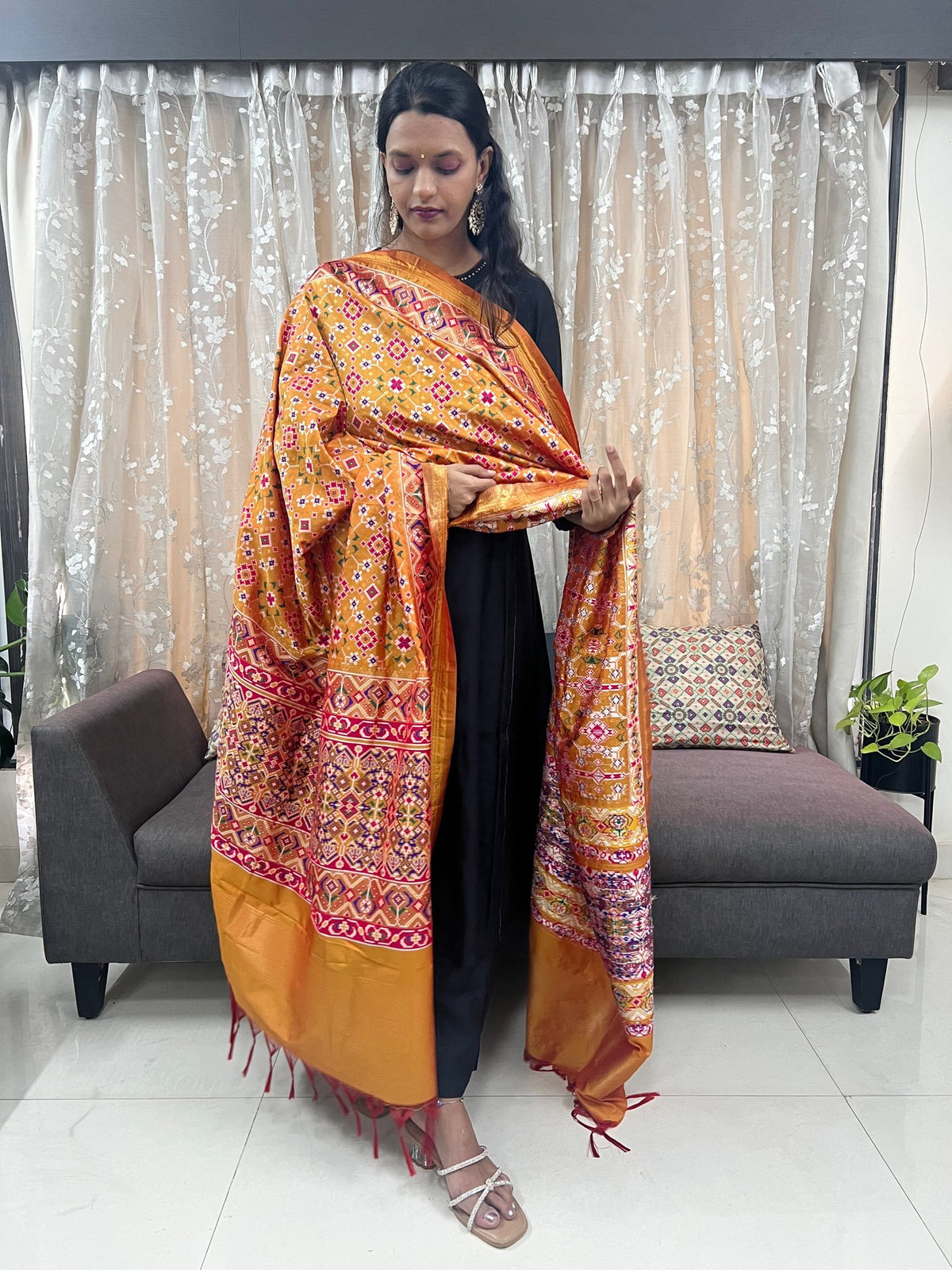 Navratna Meenakari Patola Dupatta in Mango