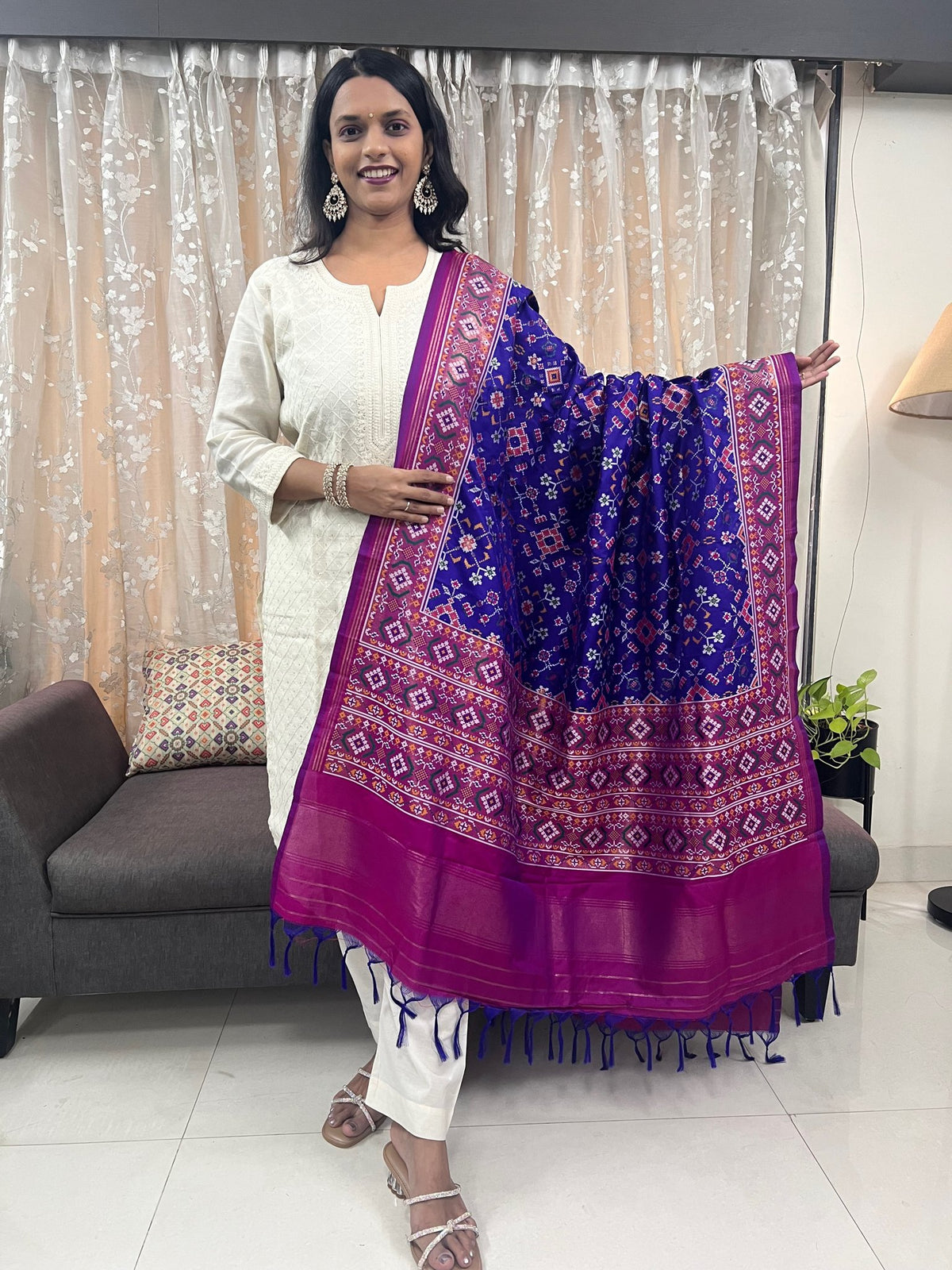 Navratna Meenakari Patola Dupatta in Blue & Magenta