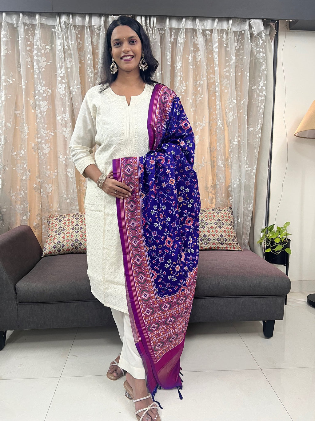Navratna Meenakari Patola Dupatta in Blue & Magenta