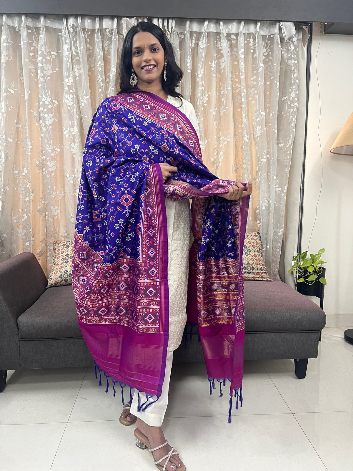 Navratna Meenakari Patola Dupatta in Blue & Magenta