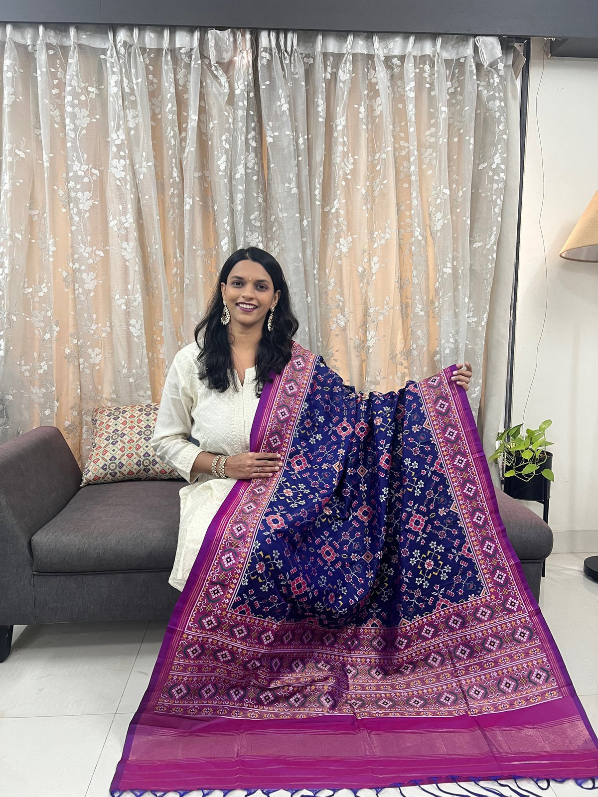 Navratna Meenakari Patola Dupatta in Dark Blue & Magenta