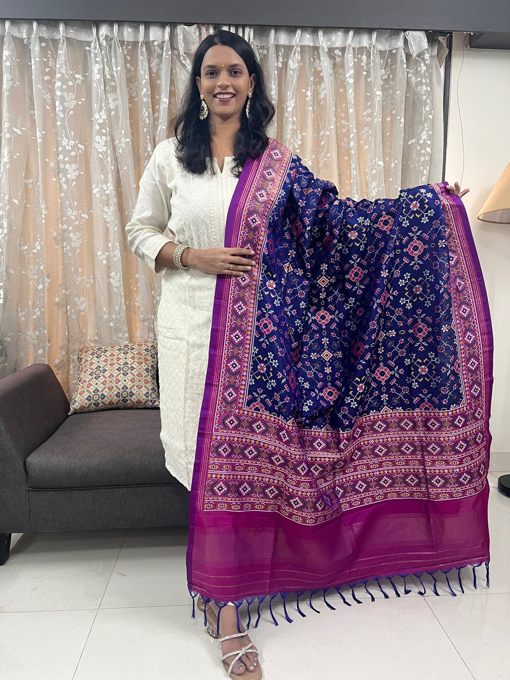Navratna Meenakari Patola Dupatta in Dark Blue & Magenta