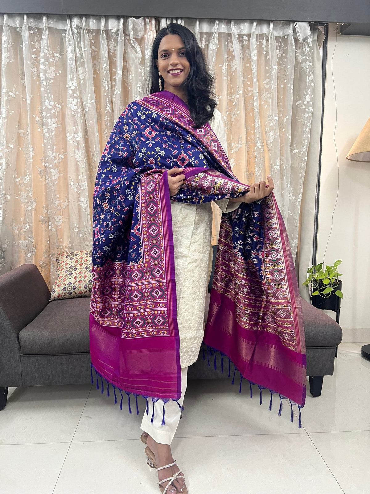 Navratna Meenakari Patola Dupatta in Dark Blue & Magenta