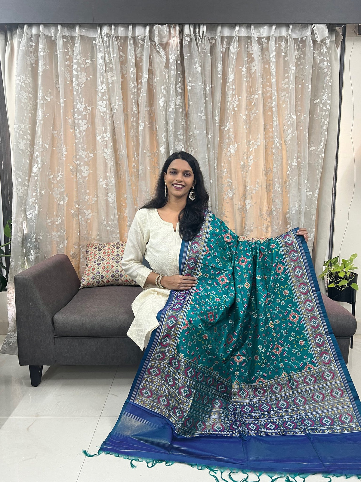 Navratna Meenakari Patola Dupatta in Light Green & Blue