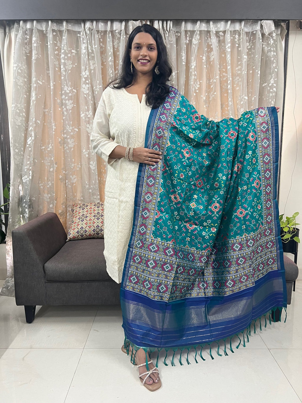 Navratna Meenakari Patola Dupatta in Light Green & Blue