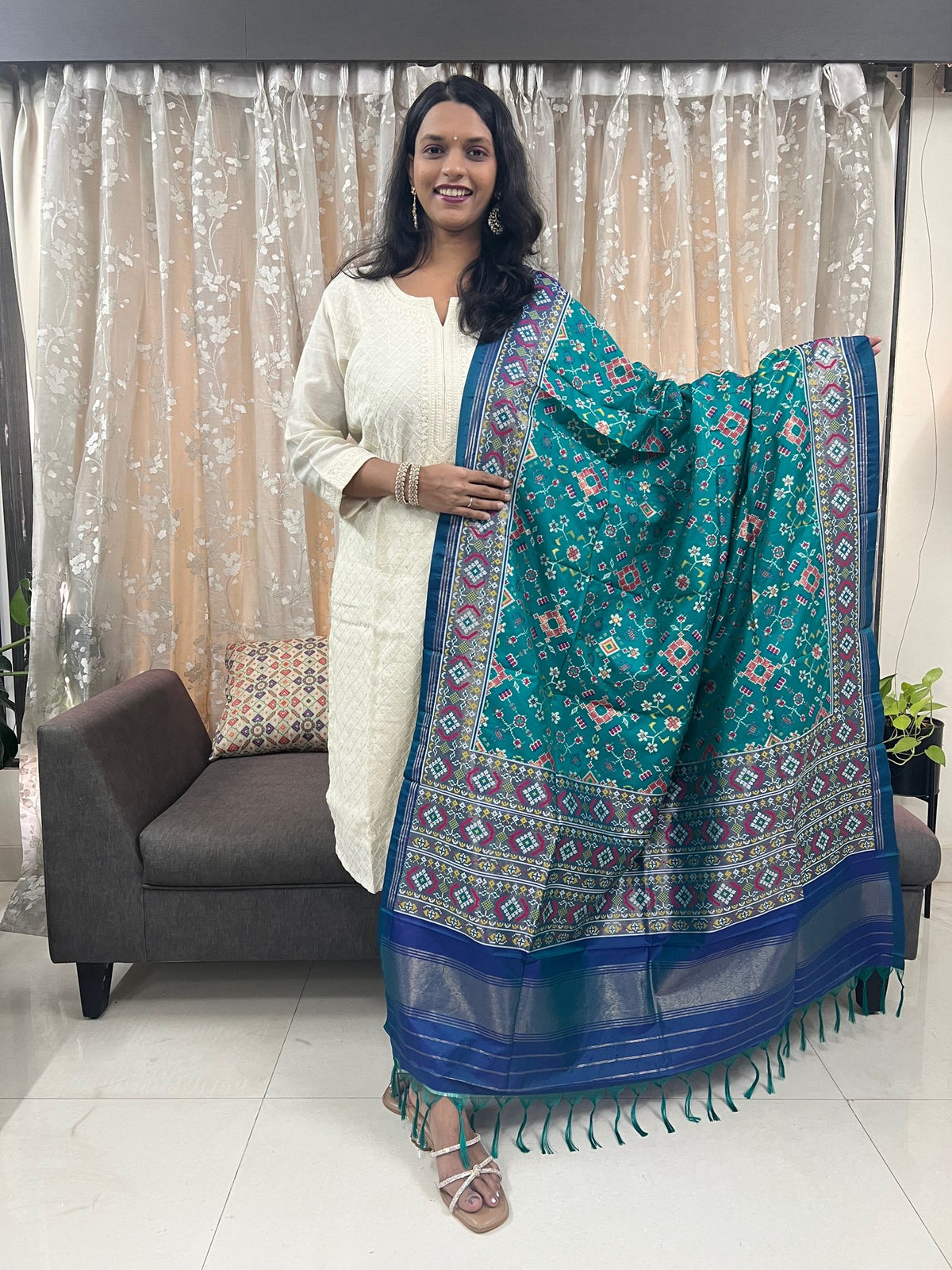 Navratna Meenakari Patola Dupatta in Light Green & Blue