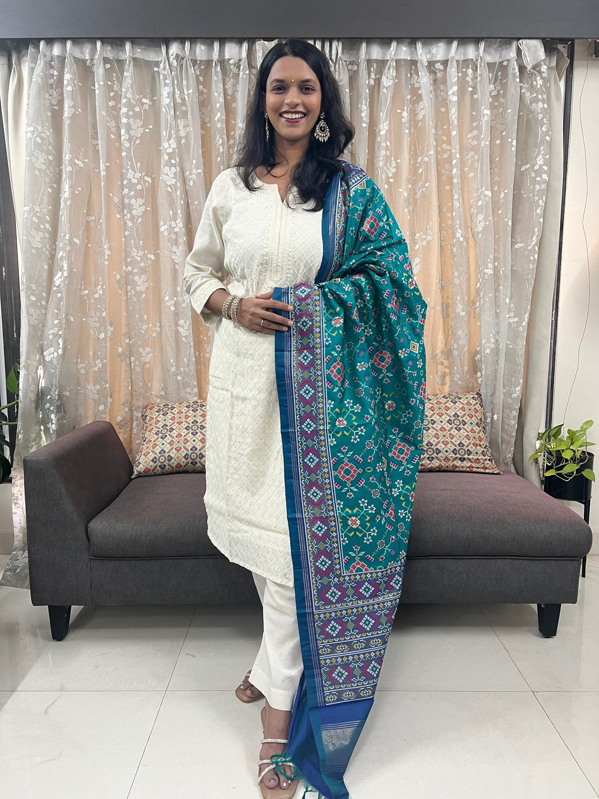 Navratna Meenakari Patola Dupatta in Light Green & Blue
