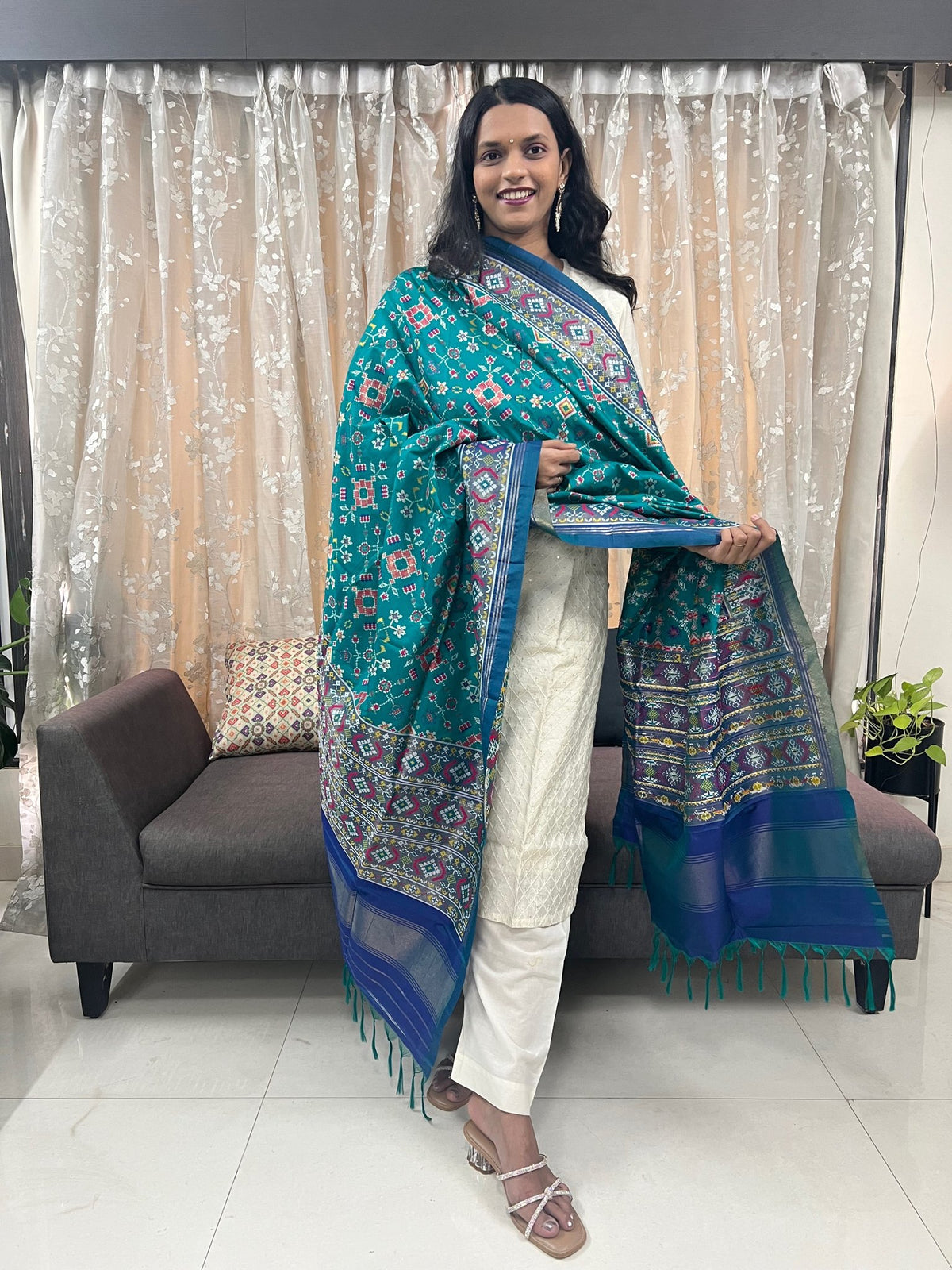 Navratna Meenakari Patola Dupatta in Light Green & Blue