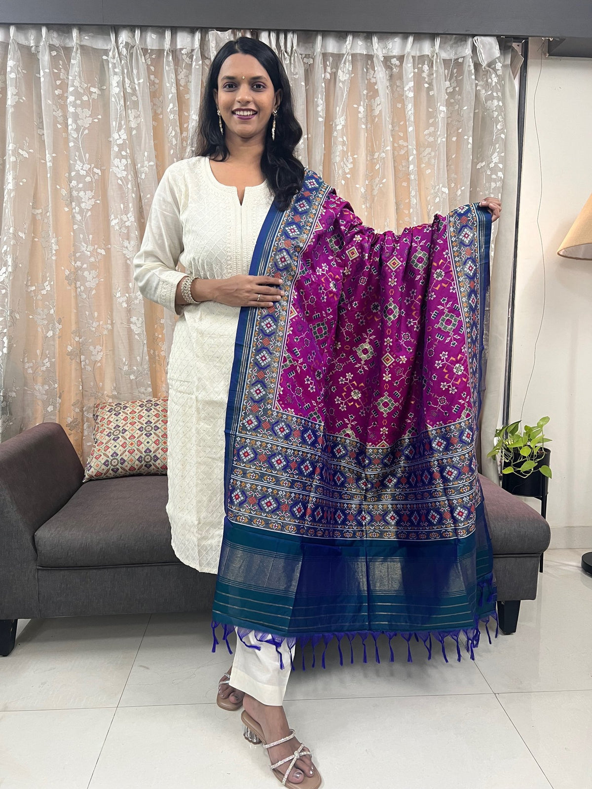 Navratna Meenakari Patola Dupatta in Magenta & Blue