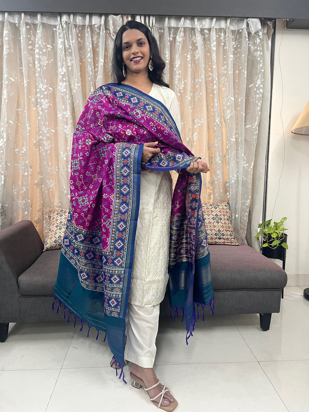 Navratna Meenakari Patola Dupatta in Magenta & Blue