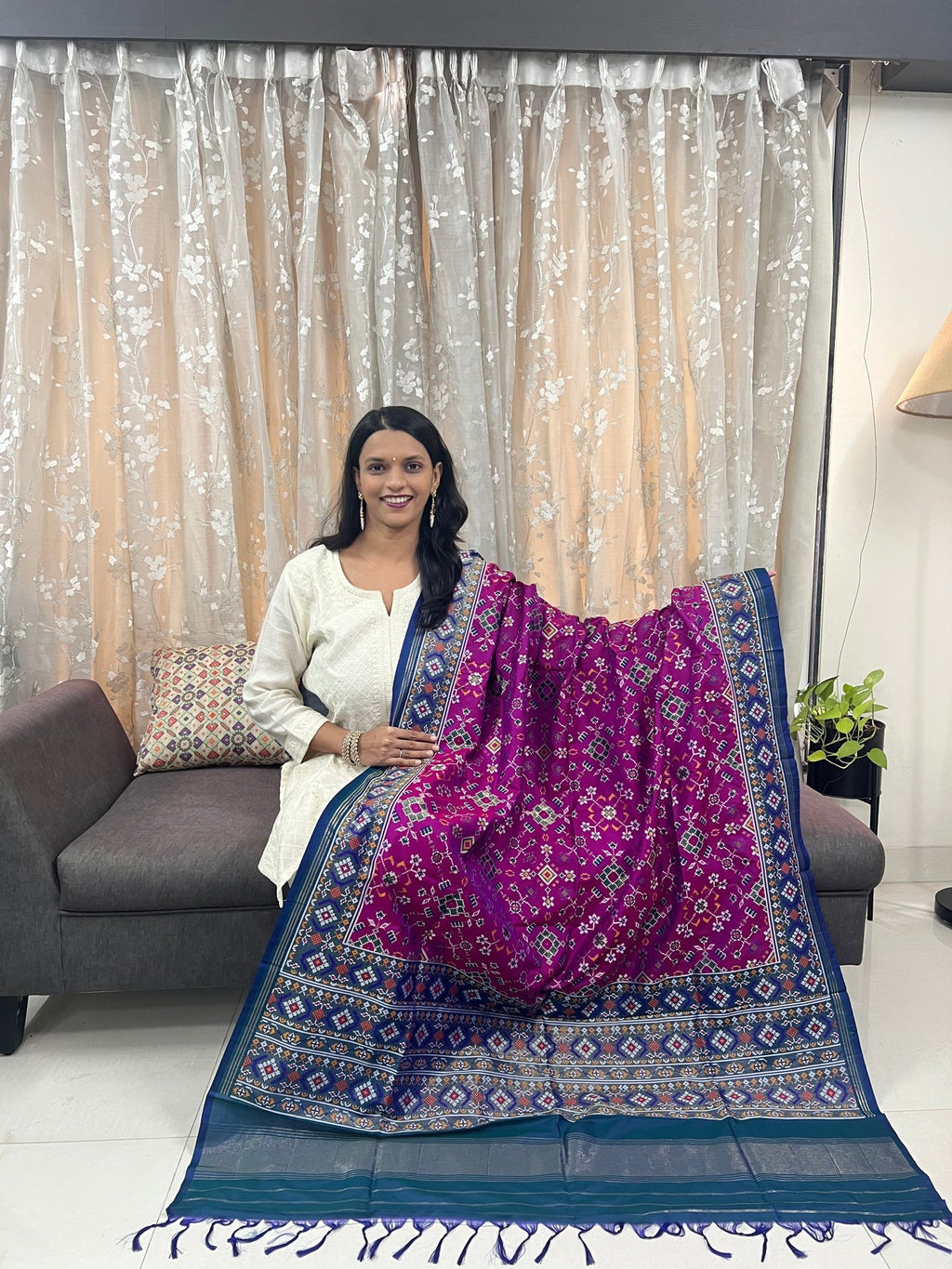 Navratna Meenakari Patola Dupatta in Magenta & Blue