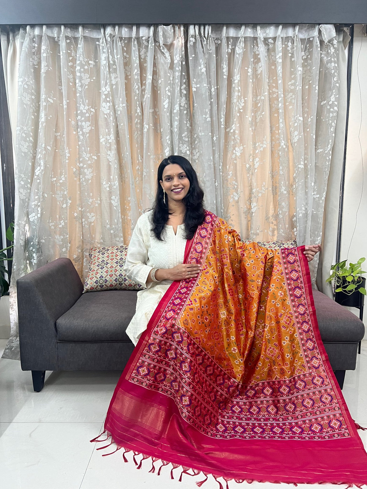 Navratna Meenakari Patola Dupatta in Mustard & Rani