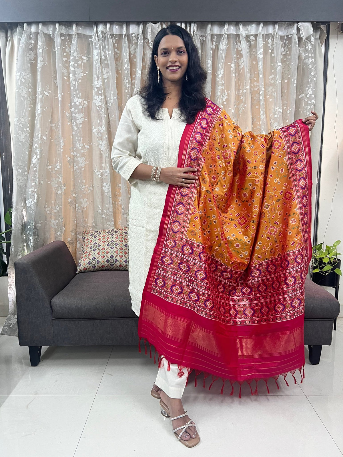 Navratna Meenakari Patola Dupatta in Mustard & Rani