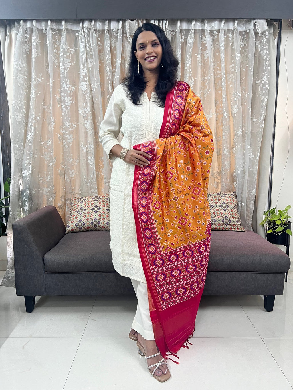 Navratna Meenakari Patola Dupatta in Mustard & Rani