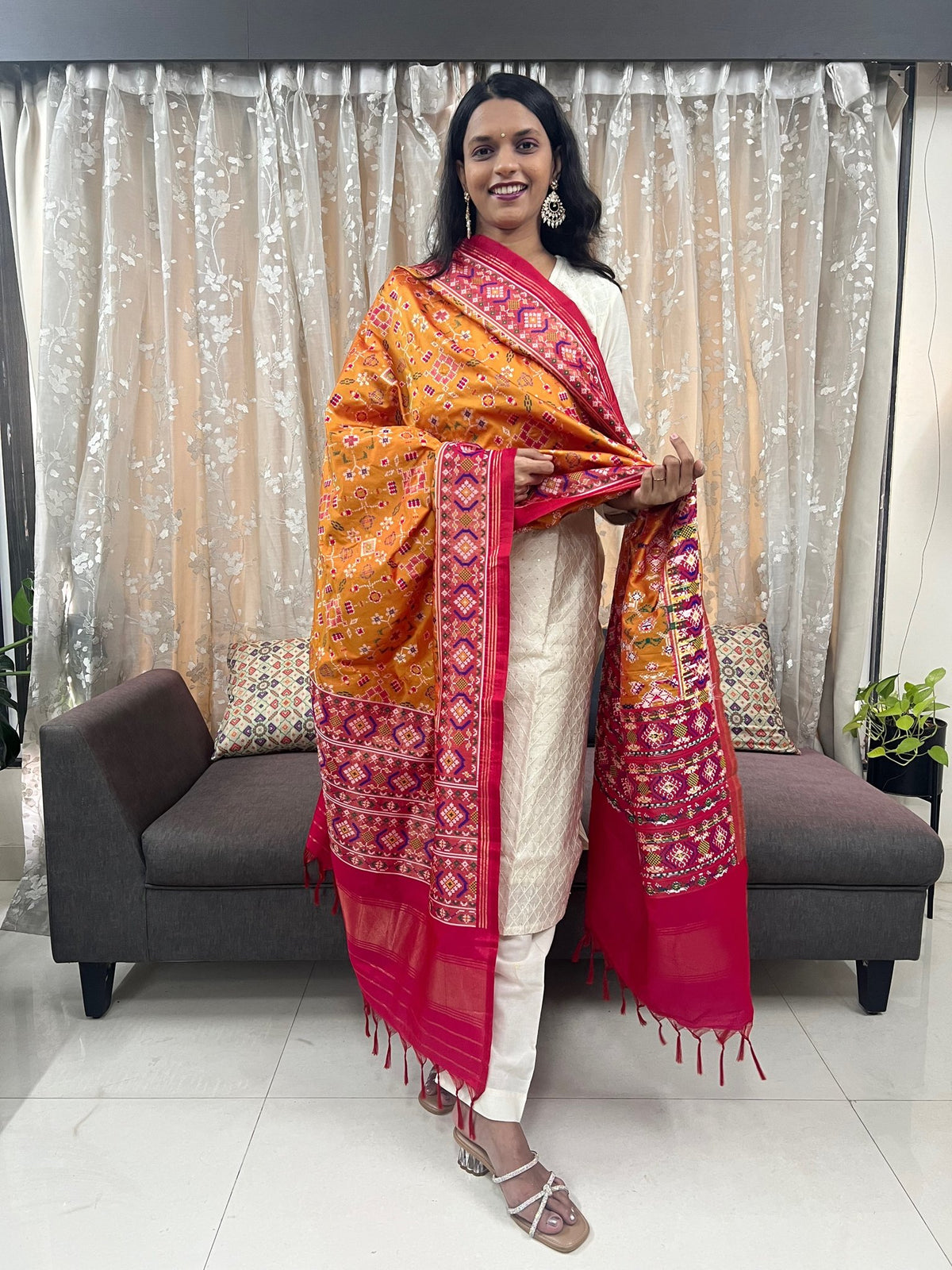 Navratna Meenakari Patola Dupatta in Mustard & Rani