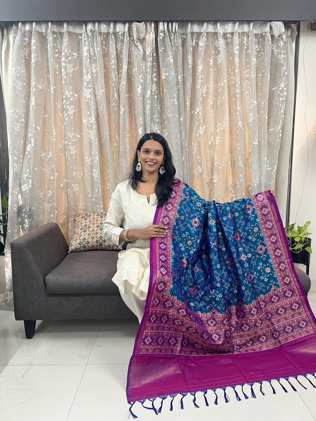 Navratna Meenakari Patola Dupatta in Phirozi & Magenta
