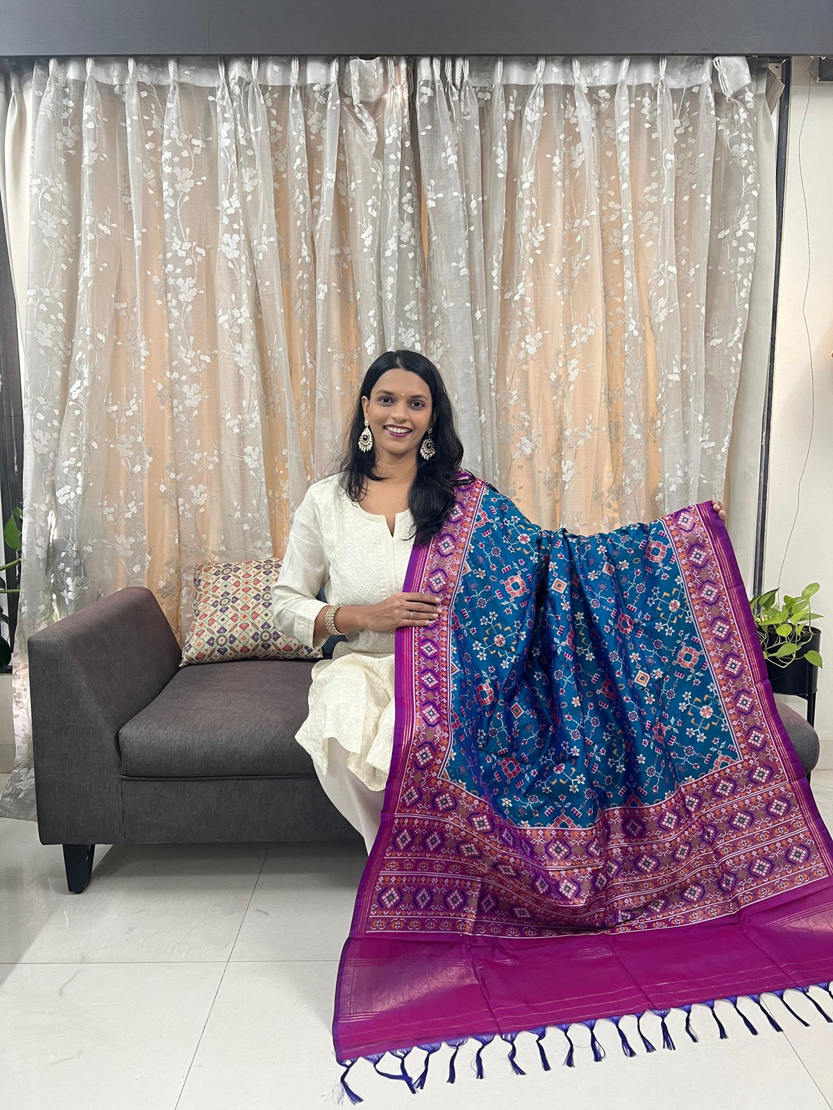 Navratna Meenakari Patola Dupatta in Phirozi & Magenta