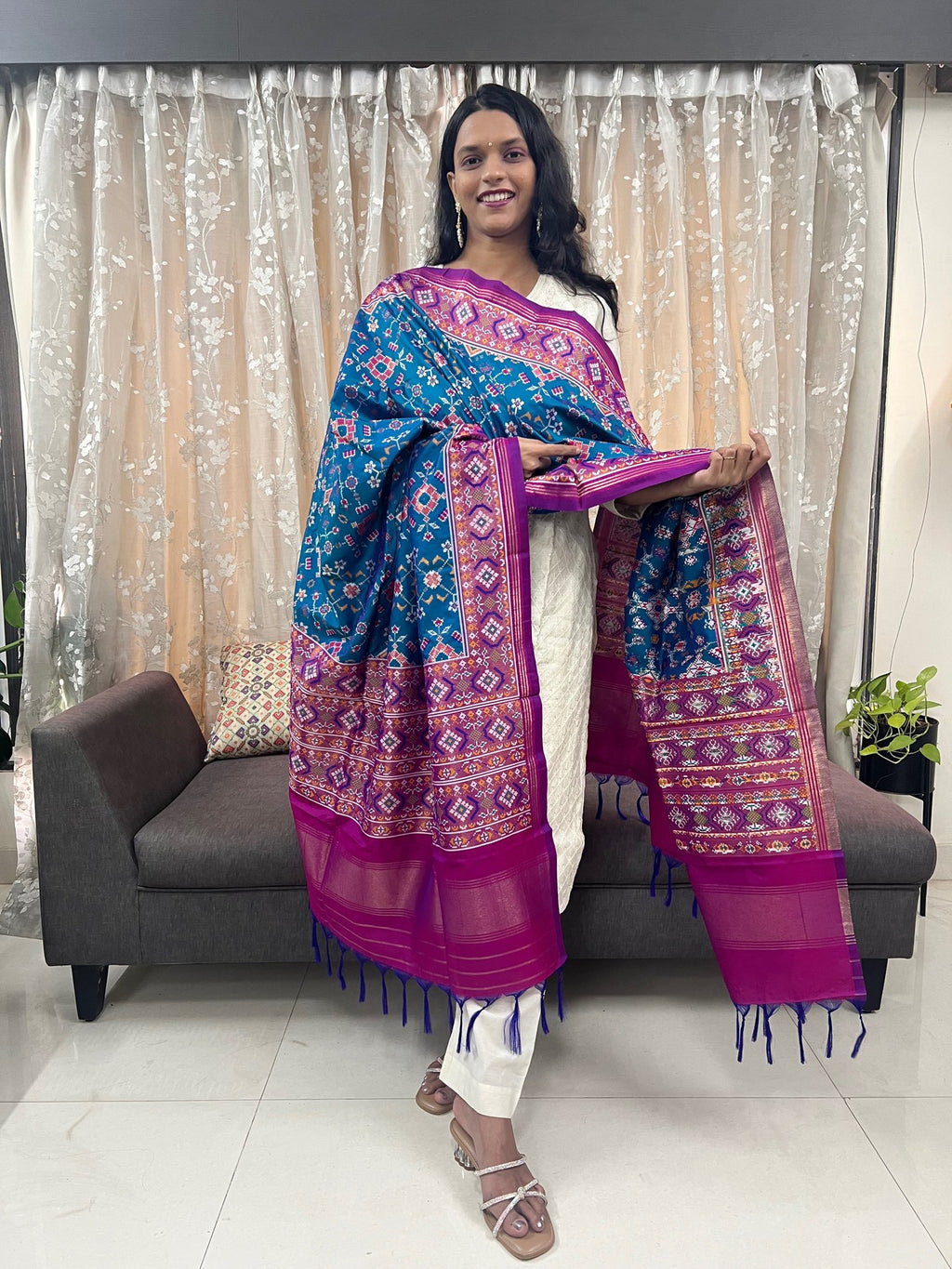 Navratna Meenakari Patola Dupatta in Phirozi & Magenta