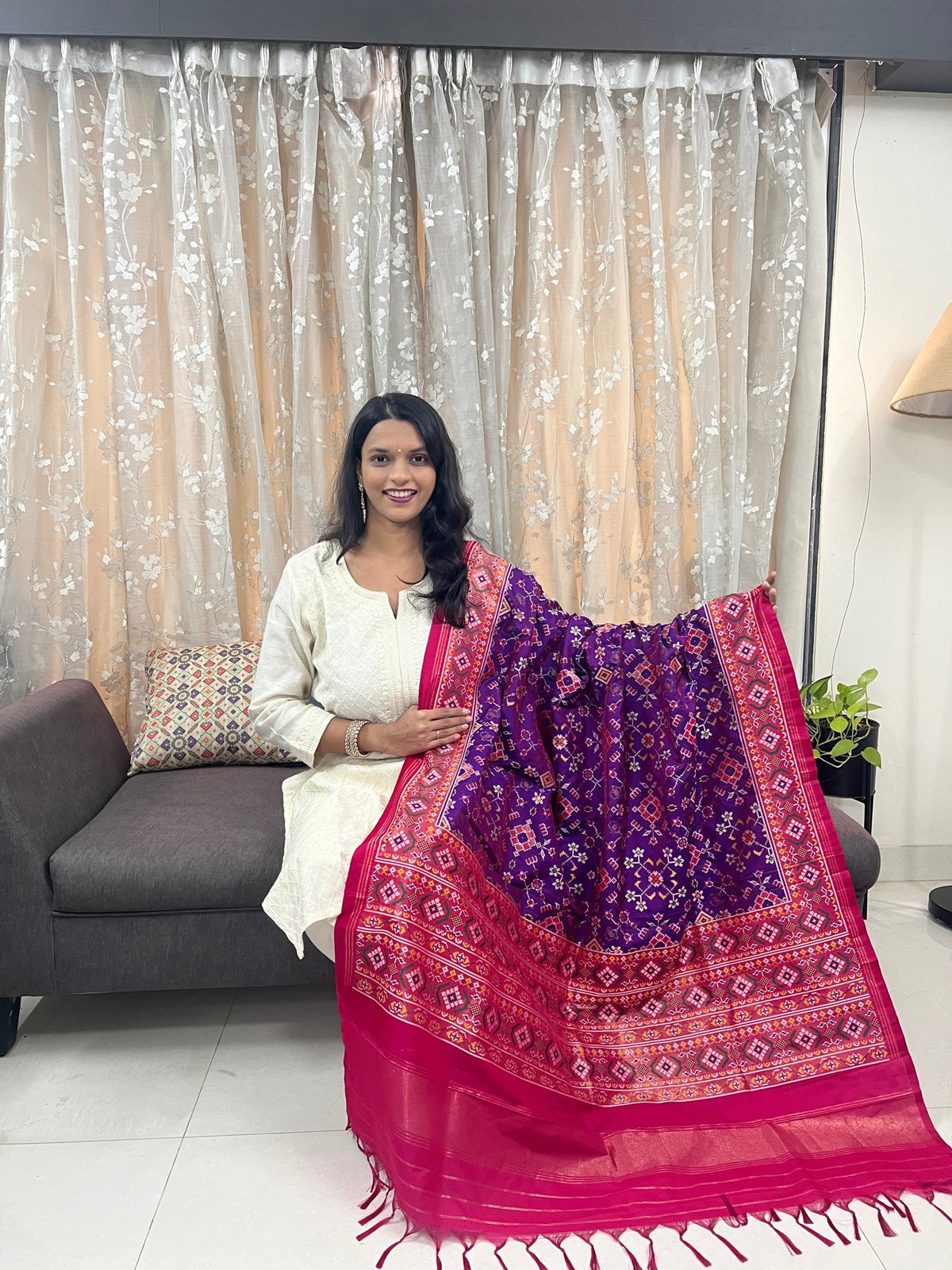 Navratna Meenakari Patola Dupatta in Purple & Rani
