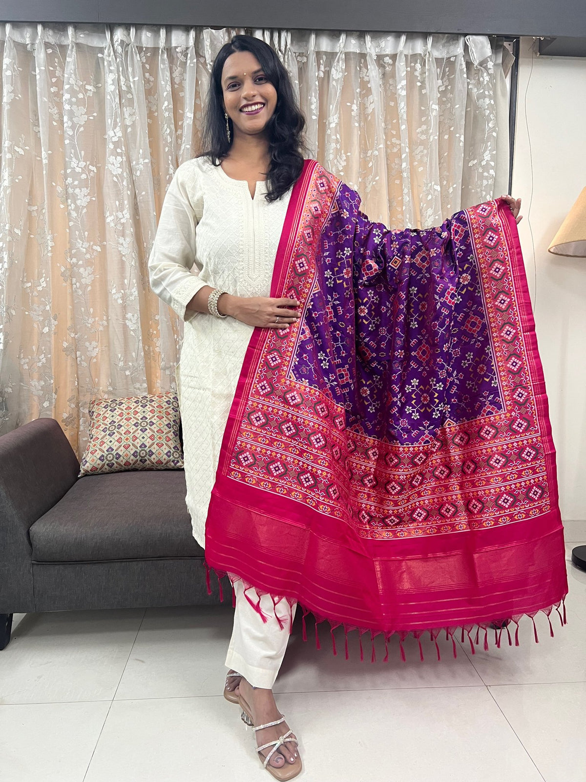 Navratna Meenakari Patola Dupatta in Purple & Rani