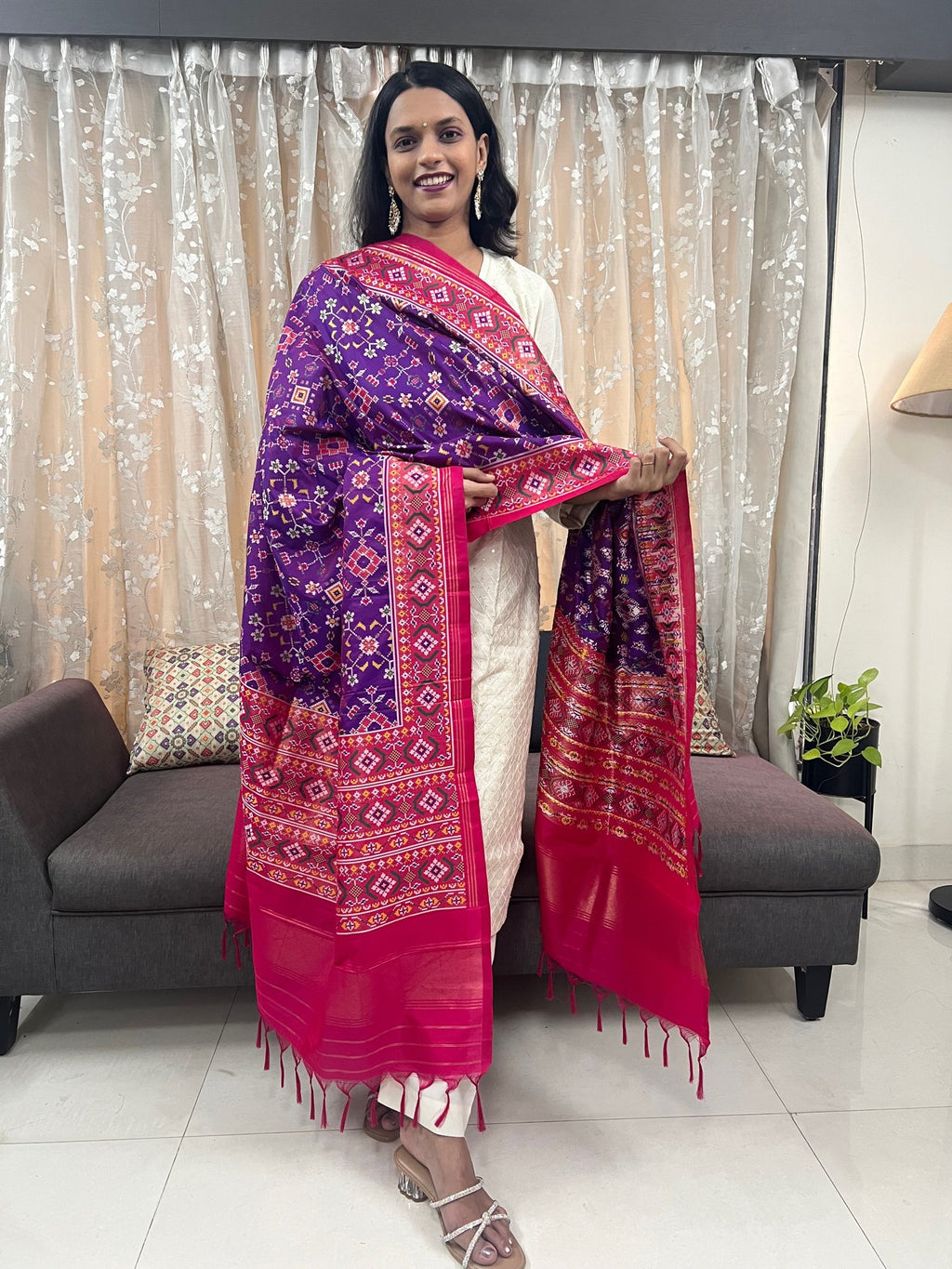 Navratna Meenakari Patola Dupatta in Purple & Rani