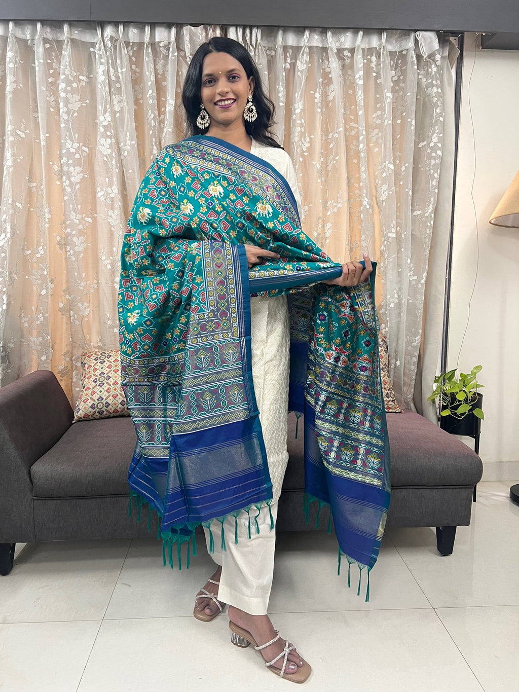 Manek Chowk with Motifs Patola Dupatta in Light Green & Blue