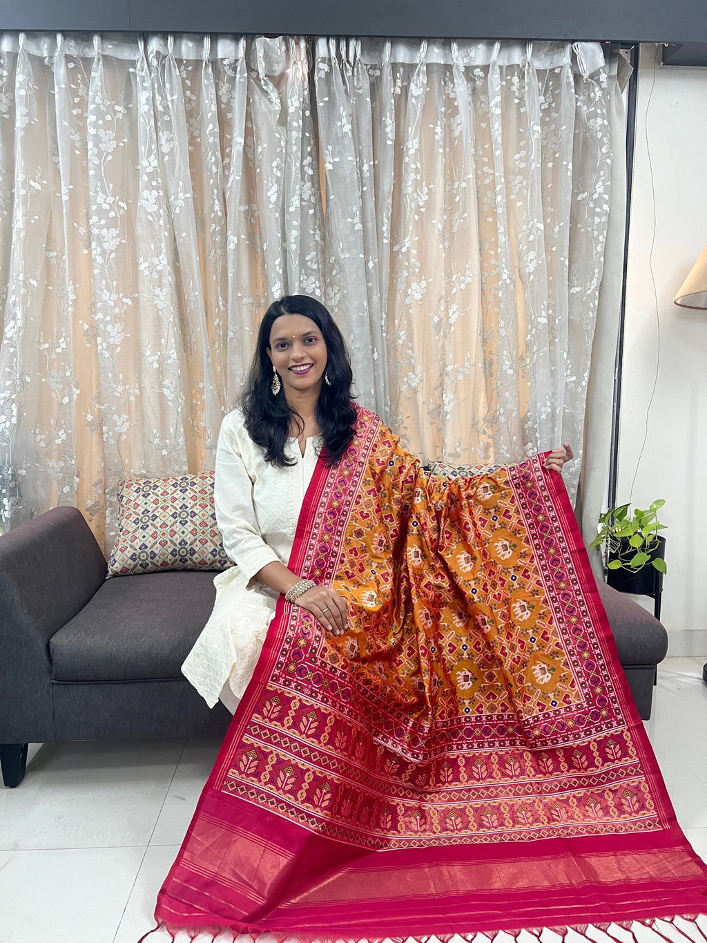 Manek Chowk with Motifs Patola Dupatta in Mustard & Rani