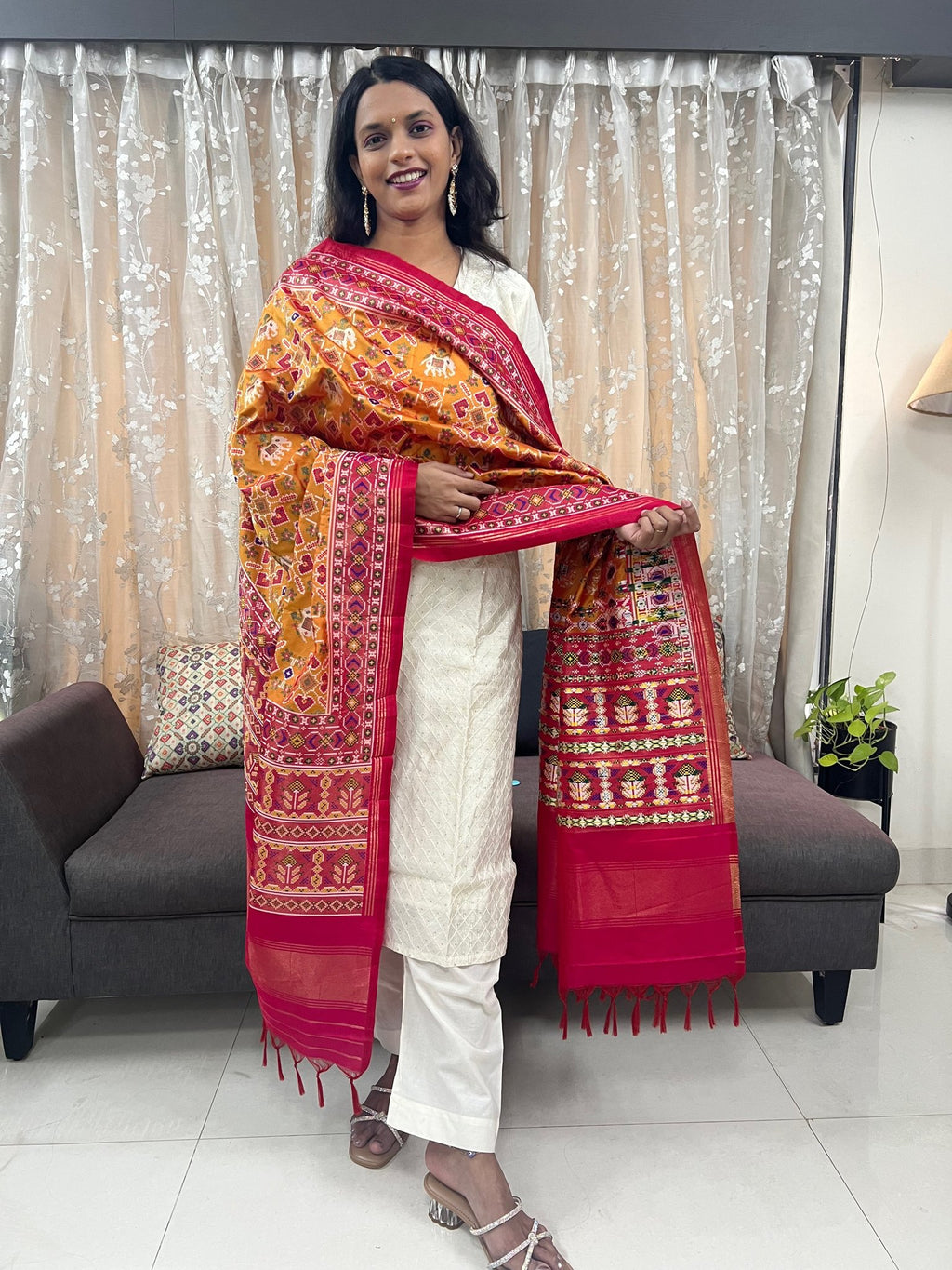 Manek Chowk with Motifs Patola Dupatta in Mustard & Rani