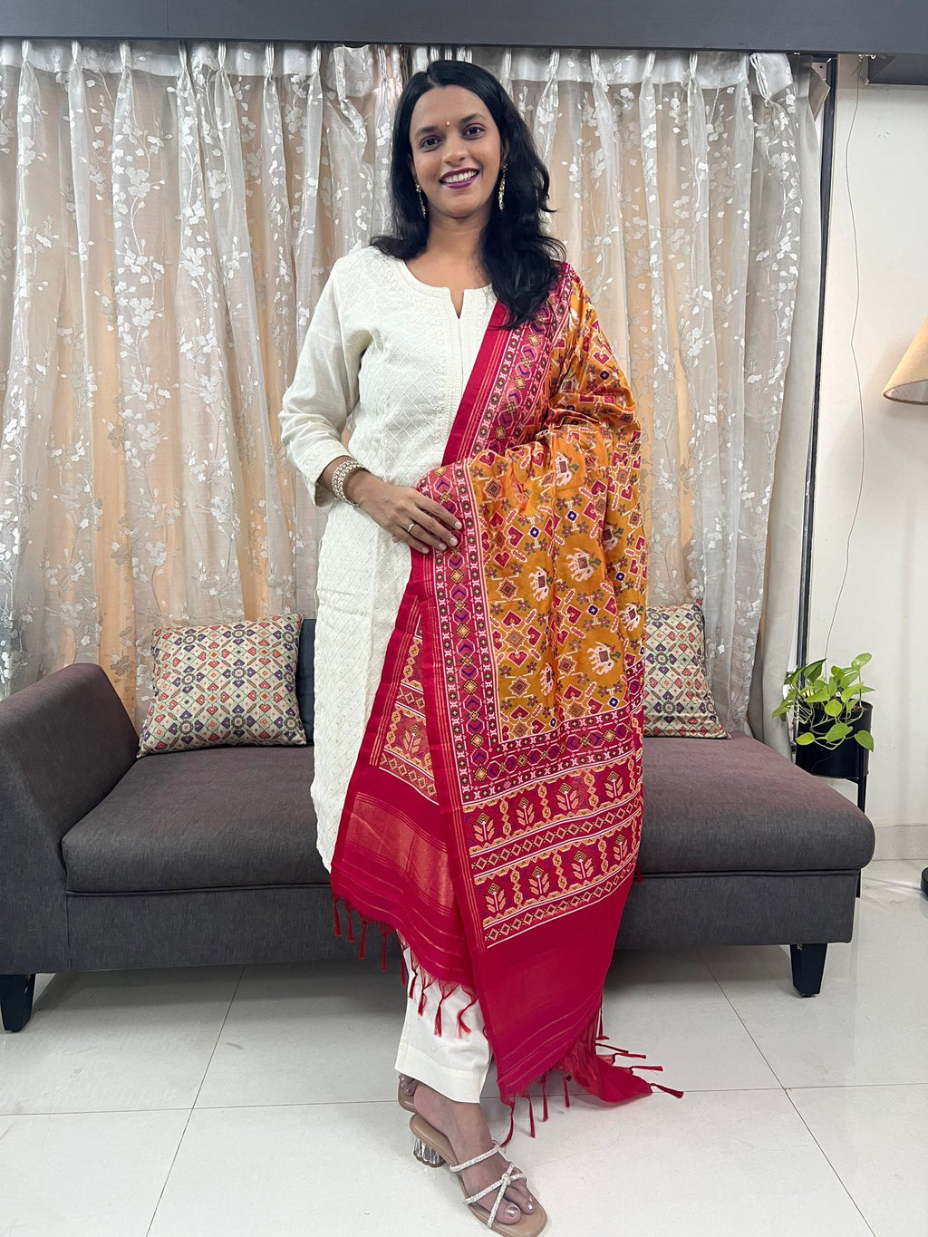 Manek Chowk with Motifs Patola Dupatta in Mustard & Rani